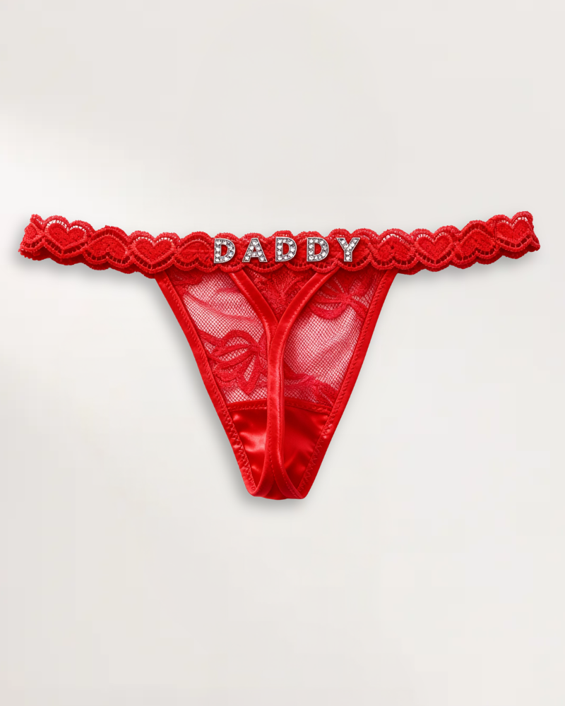 Custom name thong in Sexy Red with personalized rhinestone lettering – flawluxe
