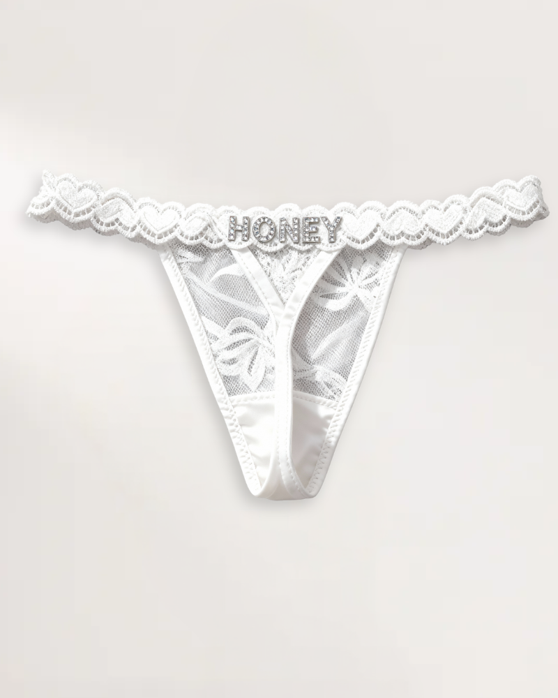 Custom name thong in Angel White with personalized rhinestone lettering – flawluxe