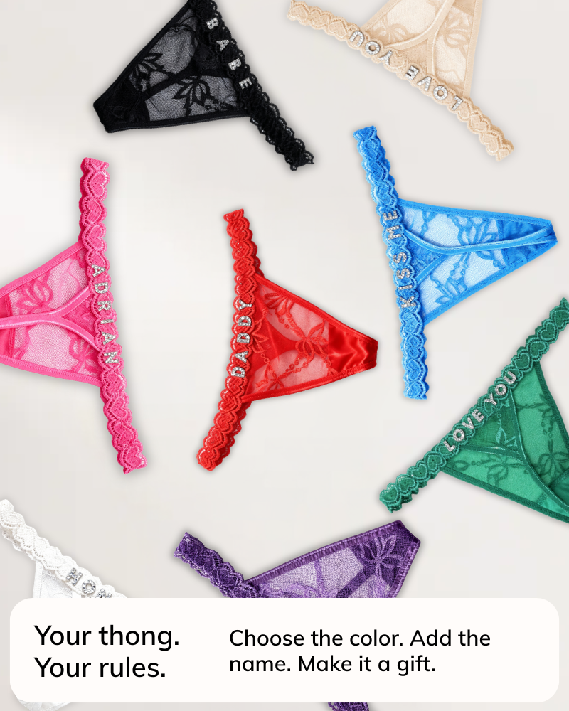 Personalized name thong with custom rhinestone lettering – flawluxe
