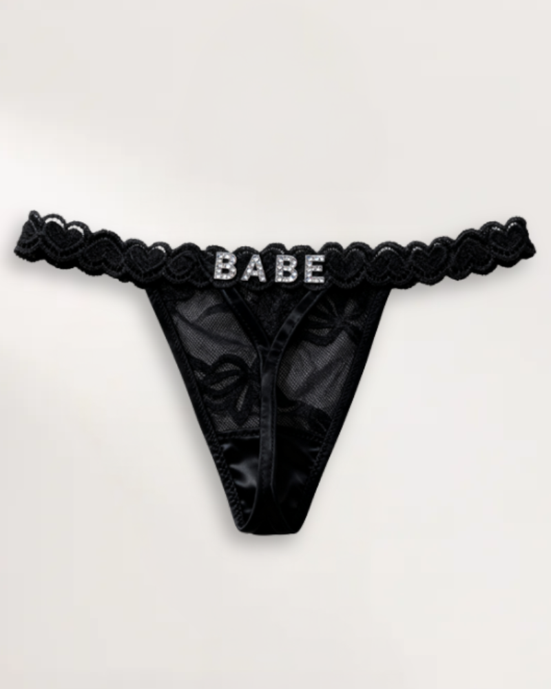 Personalized name thong with custom rhinestone lettering – flawluxe