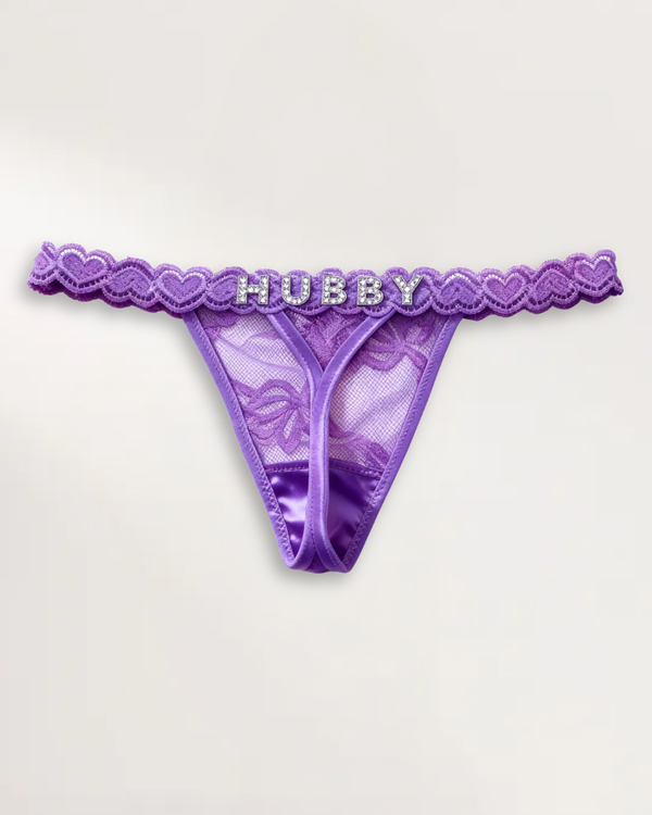 Custom name thong in Deep Purple with personalized rhinestone lettering – flawluxe