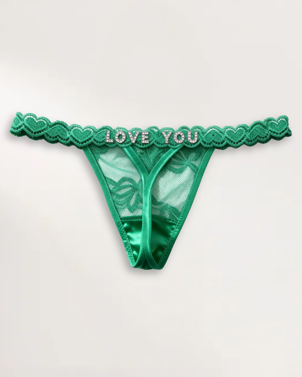 Custom name thong in Emerald with personalized rhinestone lettering – flawluxe