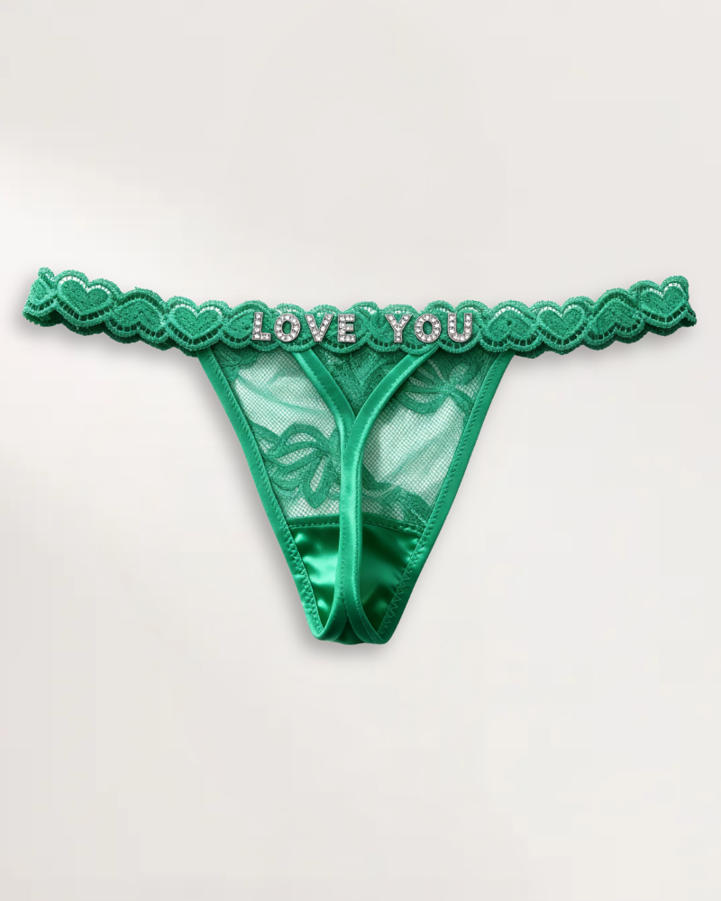 Custom name thong in Emerald with personalized rhinestone lettering – flawluxe