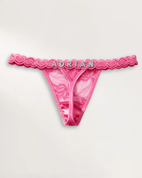 Custom name thong in Pink with personalized rhinestone lettering – flawluxe
