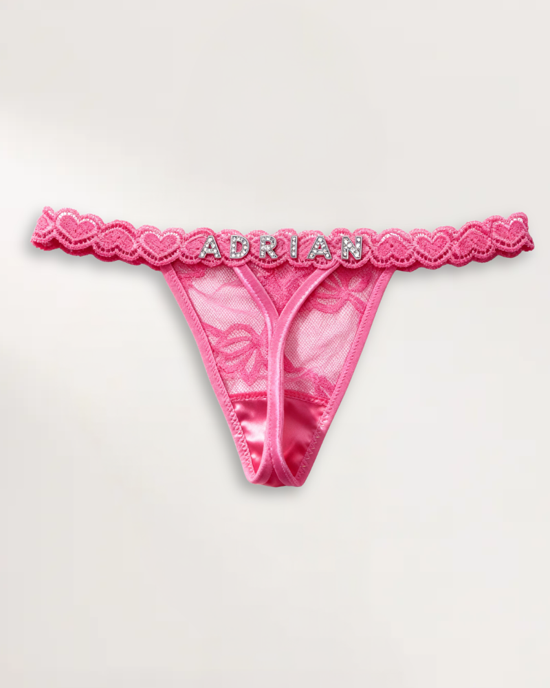 Custom name thong in Pink with personalized rhinestone lettering – flawluxe