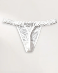 Custom name thong in Angel White with personalized rhinestone lettering – flawluxe
